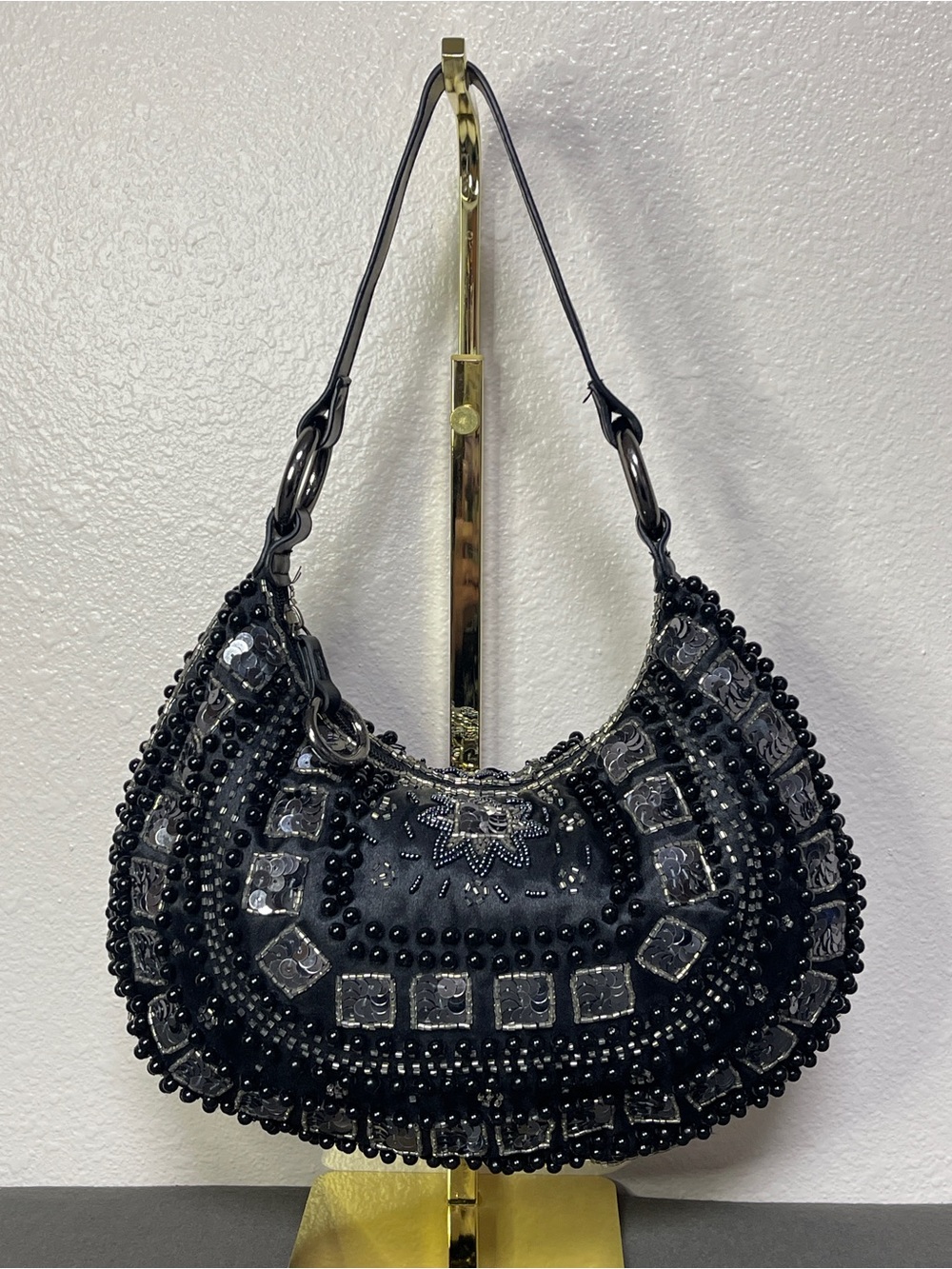 The Limited Black Beaded Crescent Shoulder Bag